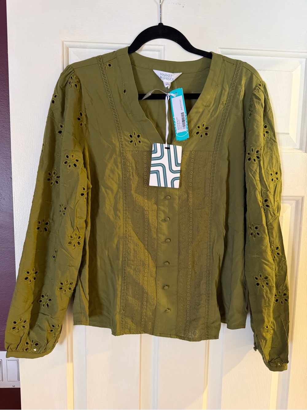 Market & Spruce Olive Green Eyelet Button-Front Blouse